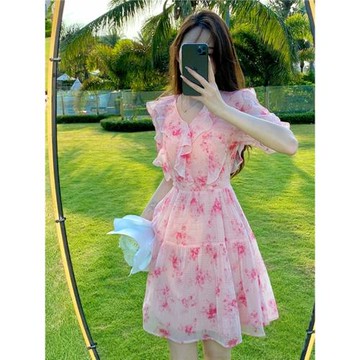 碎花雪紡連衣裙女夏季新款女裝修身荷葉邊泡泡袖V領粉色仙女裙子