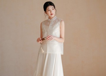 【素采白】新中式復古中國風 立領薄紗背心/半裙