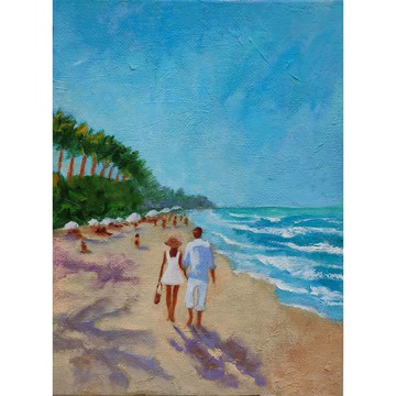 海灘上的情侶 原創油畫 手工油畫 油畫原作