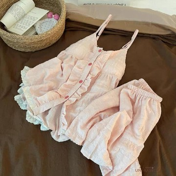 睡衣女夏季雲朵棉吊帶涼感大碼帶胸墊新款粉色家居服套裝睡衣套裝女生睡衣可愛睡衣睡衣女居家睡衣