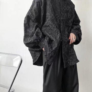 【男裝】臺灣出貨日系小衆蝙蝠袖襯衣男女情侶款秋季慵懶風寬鬆通勤休閒純色襯衫男