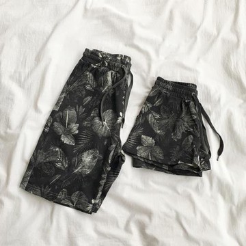 暗黑系復古水墨樹葉印花男女情侶短褲純棉毛圈運動休閑沙灘熱褲夏