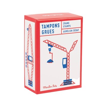 Moulin Roty 木質印章遊戲組 12個印章 雙色印臺 包含紅色和藍色墨水  吊車 多色  1組