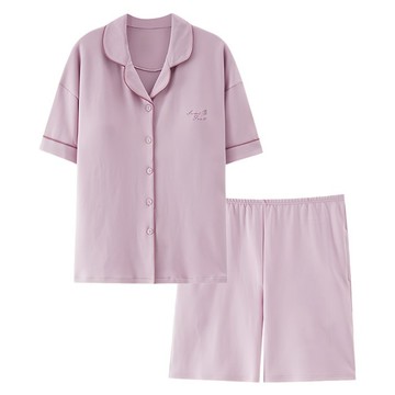 YUNMI 女款 純棉兩件式居家睡衣睡褲/短袖夏天帶胸墊全棉短袖居家服套裝  丁香紫  L
