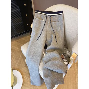 灰色設計感抽繩松緊顯瘦寬松褲女2024秋季新款洋氣百搭拖地長褲女