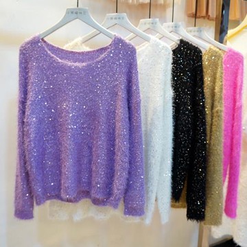 春秋新款韓版亮閃閃馬海毛針織衫女套頭圓領短款寬松百搭打底毛衣