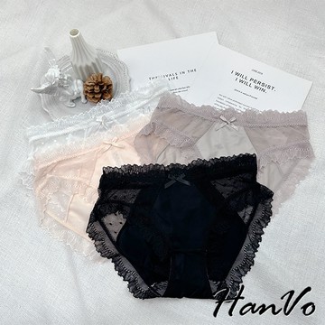 【HanVo】蕾絲點點花邊薄紗透氣內褲 舒適親膚冰絲涼感內褲 中腰 獨立包裝 流行少女內褲 內著 A11-5709