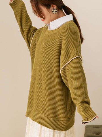 寬鬆撞色滾邊落肩拼接袖針織毛衣