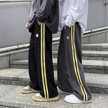 休閑褲男春秋新款條紋運動褲美式寬松闊腿褲垂感拖地褲男士褲子潮