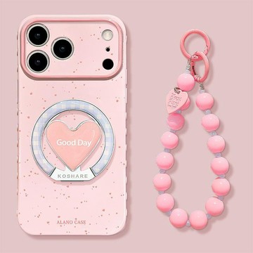 粉色潑墨愛心適用蘋果17promax手機殼15帶支架iphone16硅膠14少女