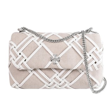 TORY BURCH 154831 Kira Mini 金屬LOGO編織帆布翻蓋小鏈包.米