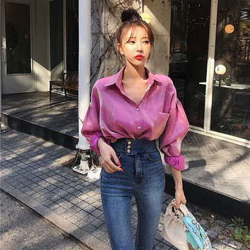 正韓 美人魚 珠光 襯衫 光澤度 反光 閃亮 漸變 長袖 寬鬆 上衣 性感 浮誇 誇張 韓國 ANNA S.