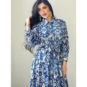 中東女馬來印尼東南亞印花長袖長款連衣裙Indonesian long dress