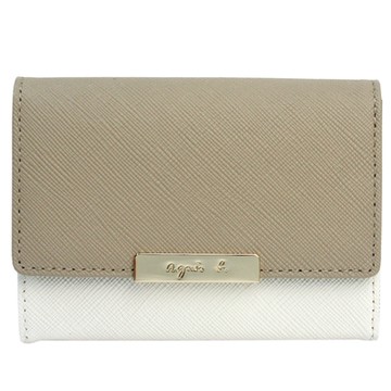agnes b. 金屬烙印字母防刮牛革翻蓋壓扣名片夾(卡其x白撞色)