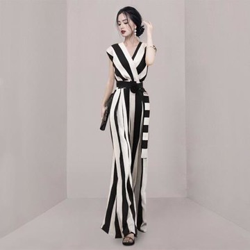 闊腿連體褲女夏季御姐高級感黑白色條紋一件式連衣褲氣質名媛新款
