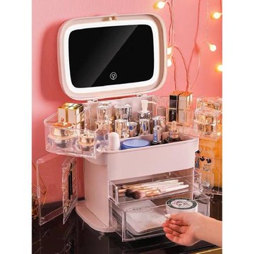 化妝品收納盒帶鏡子便攜桌面整理梳妝臺大容量防塵護膚品用置物架