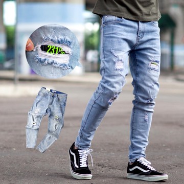 【NB0906J】刷破抽鬚螢光文字補丁合身版高磅牛仔褲(MW86001)