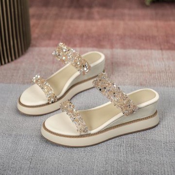 坡跟涼鞋2025年女新款夏高跟涼拖羅馬粗跟中跟厚底松糕水鉆一字帶