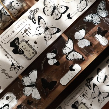 壹洱原創新品切模【蝶棲】復古黑白蝴蝶手帳貼紙pet和紙膠帶