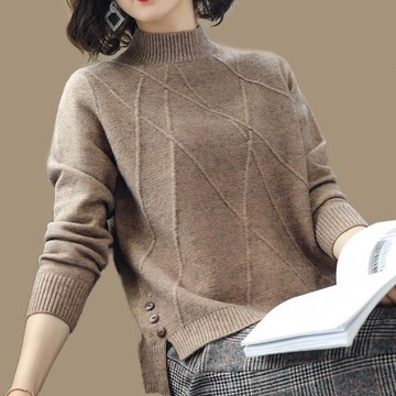 鄂爾多斯市春秋新款純色羊毛衫女士半高領毛衣開叉羊絨打底衫洋氣