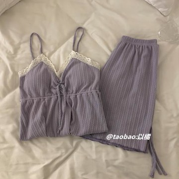 香芋紫吊帶睡衣女夏季2023年新款純棉可愛帶胸墊學生家居服兩件套