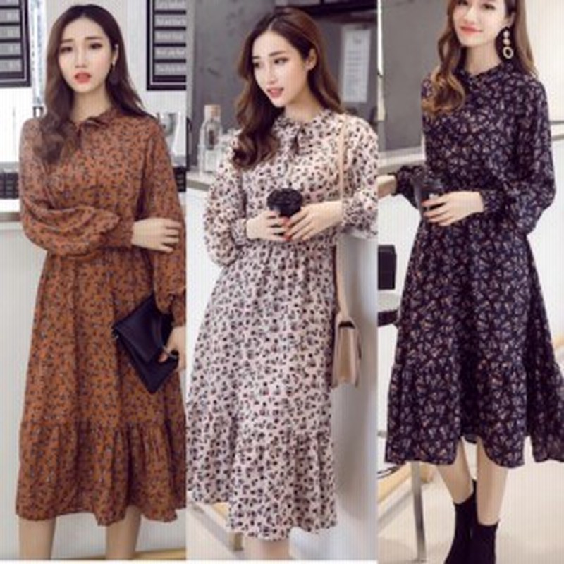 ワンピース レディース 長袖ワンピース 花柄ワンピース レトロ ロング クラシカル リボン キュート フリル 小柄 通販 Lineポイント最大get Lineショッピング