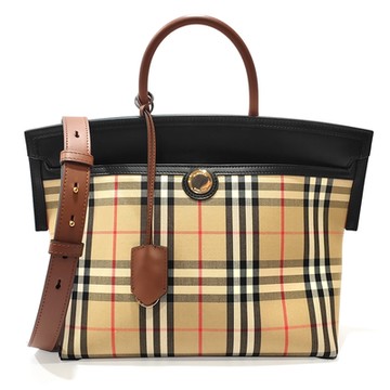 【BURBERRY 巴寶莉】80231241經典Society Vintage系列格紋拼接皮革手提/斜背肩背兩用包(黑色-小號)