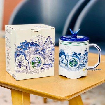 星巴克杯子2026新年禮物國風景德鎮青花瓷青韻美學鏤雕帶蓋咖啡馬克杯子