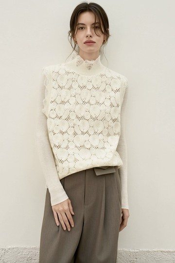 法式復古 / 高領鏤空針織背心 / 羊絨羊毛