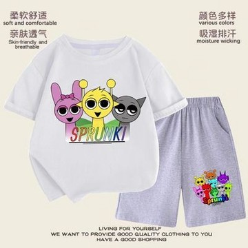 ✨台灣出貨 節奏盒子夏裝套裝 音樂盒子T恤短褲套裝 節奏盒子純棉 節奏盒子 童裝 Sprunki音樂短袖倆件套 男女同款