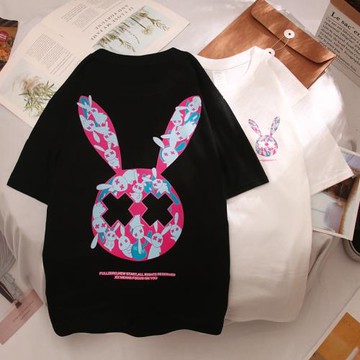 2025春夏ins網紅兔子印花短袖t恤情侶寬松bf半袖美式體恤百搭上衣