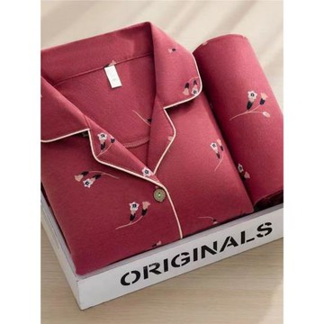 100%高檔春秋季睡衣女士開衫長袖兩件套中老年家居服寬松大碼套裝