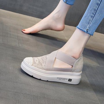 厚底漁夫鞋女內增高2025新款夏包頭涼鞋外穿一腳蹬懶人鞋百搭網面