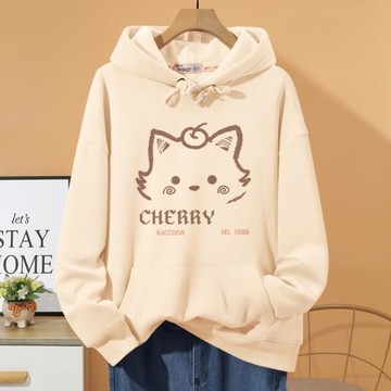 米色連帽衛衣女裝有口袋春秋款寬松薄款大碼胖MM正肩初中學生外套