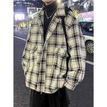 小香風格子襯衫男潮牌ins春秋季外套高級感情侶工裝長袖毛呢夾克