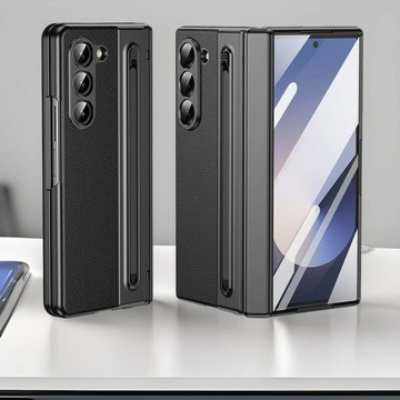 適用三星Z Fold6電鍍素皮手機殼彈壓筆槽配手寫筆殼膜保護套中軸