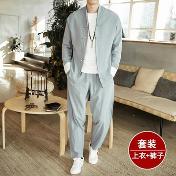 春秋款亞麻套裝男中國風唐裝男裝棉麻中式漢服中山裝休閑秋季外套