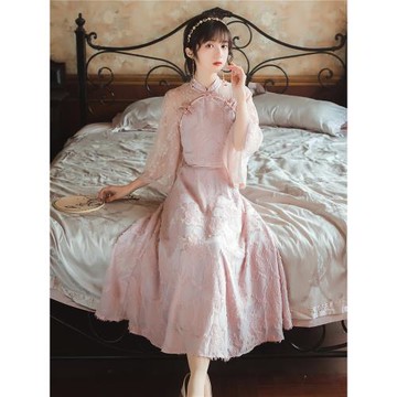 復古新中式改良旗袍2025夏季新款修身中國風喇叭袖蕾絲連衣裙長裙