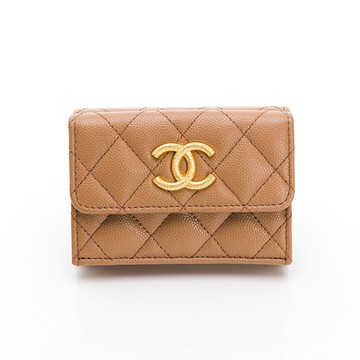 CHANEL香奈兒 23B 拉絲紋經典大雙C logo三折短夾/錢包(焦糖棕/金)