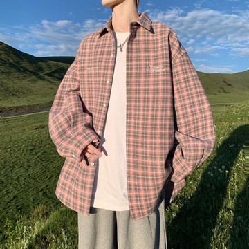 日系復古格子襯衫男高級感痞帥外套春秋潮牌寬松cityboy長袖襯衣