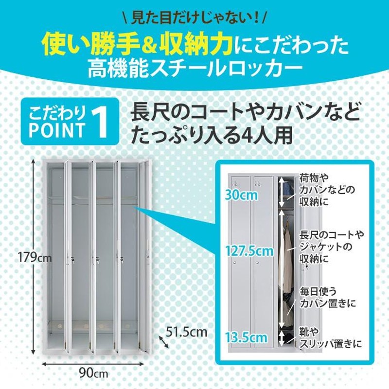 スチールロッカー 4人用 オフィス 更衣室 鍵付き ホワイト 白 ブラック