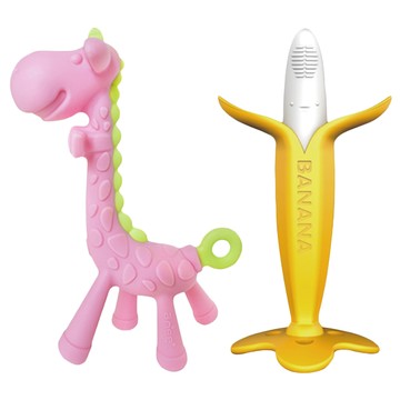 ANGE 牙刷固齒器  2個固齒器 + 2個矽膠鍊夾 + 2個透明保護盒  香蕉黃色 + 長頸鹿粉色  1組