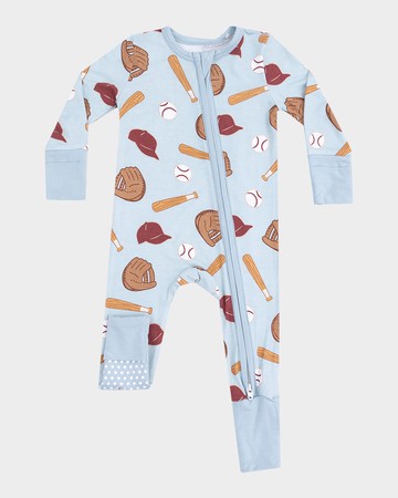 Boy's Baseball-Print Coverall, Size Newborn-24M