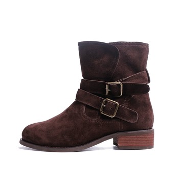 KOKKO個性質感雙條帶飾扣騎士短靴麂皮棕