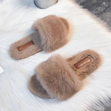 一片式顯瘦小眾設計感1cm兔毛毛拖鞋外穿女秋冬居家防滑毛絨棉拖