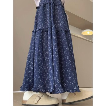 loannina 碎花半身裙 設計感 a字長裙 夏季 顯瘦 高腰顯瘦 辣妹裙子 藏青色裙子 鬆緊腰 長裙女
