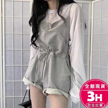 【梨卡】隔日到貨 女裝 上衣 服裝 套裝 冰絲帶短褲 性感上衣 顯瘦百搭 韓版寬鬆 百搭背帶 WT072【現貨24H】