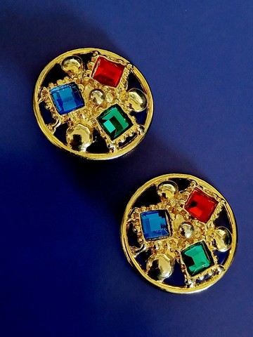 vintage jewelry  華麗三色仿寶石 夾式耳環