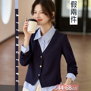 假兩件翻領條紋排釦泡泡袖開衫 M-2XL【654770X】【現+預】☆流行前線☆