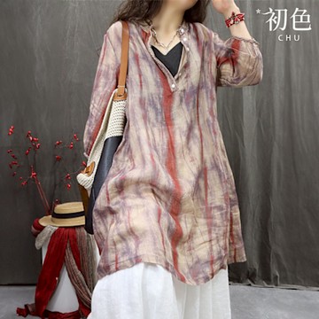 初色 復古休閒條紋休閒大擺立領長袖襯衫裙連衣裙連身洋裝長洋裝-共2色-10575(M-2XL可選)